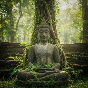 Serene Buddha statue in lush Thai forest, evoking peace and meditation.